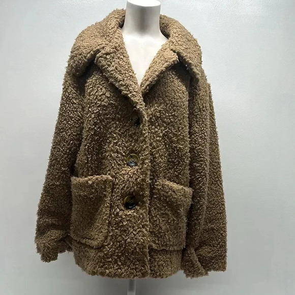 Free People Peacoat Teddy Sherpa Coat So Soft Cozy Button Light Brown Tan Medium - Picture 2 of 13